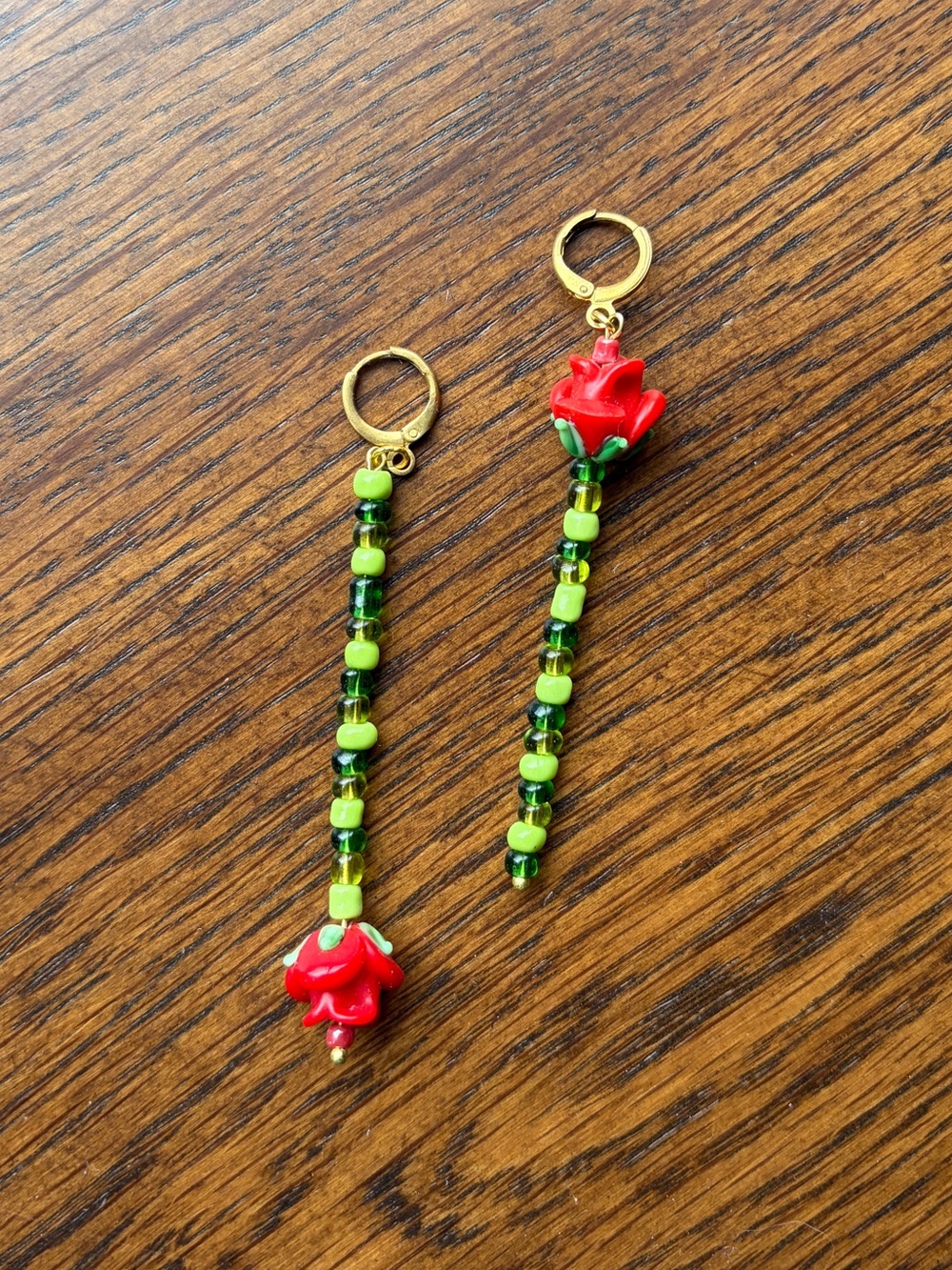 Handmade Beaded Rose Earrings Asymmetrical in red and green